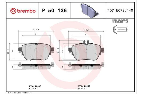 Fren Disk Balata Arka Mercedes CLS (BM 257)(04.2018->)  BREMBO P 50 136
