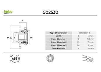 Teker Rulmanı Ön Sağ veya Sol VALEO 502530  13502829 13583479 328001 328007 328021