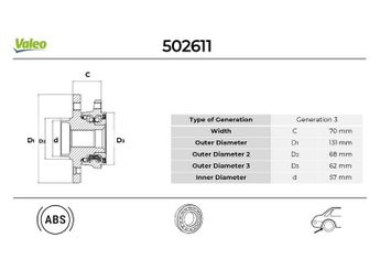 Teker Rulmanı Arka Sağ veya Sol VALEO 502611  8E0501611 8E0501611J