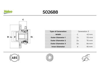 Teker Rulmanı Arka Sağ veya Sol VALEO 502688  51943307 68246620AA 68544185AA 52196667 68321351AA K68321351AA