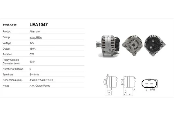 Alternatör  Volkswagen T6 Transporter Caravelle (SG)(05.2015->)  LUCAS ELEKTRIK LEA1047