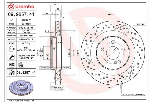 Fren Disk Ayna Arka Sağ ve Sol Mercedes SLK -Serisi Roadster (BM 171)(01.2004->)  BREMBO 09.9257.41