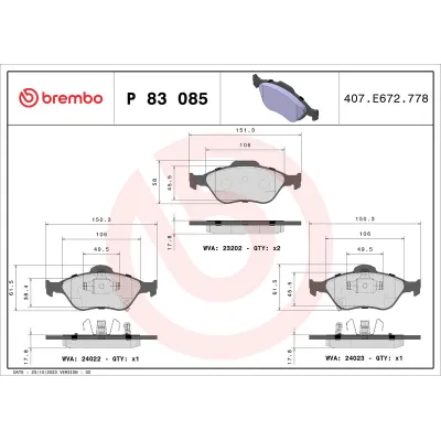 Fren Disk Balata Ön Toyota Yaris (XP13)(2017->)  BREMBO P 83 085