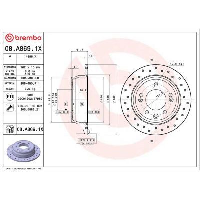 Fren Disk Ayna Arka Sağ ve Sol Hyundai i30 (FD)(06.2007->)  BREMBO 08.A869.1X