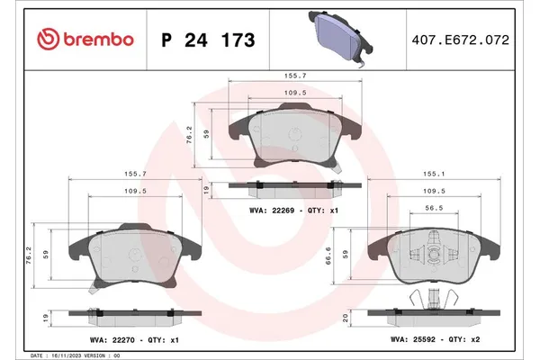 Fren Disk Balata Ön Ford Mondeo 4/5 Kapı (CNG)(2014->)  BREMBO P 24 173