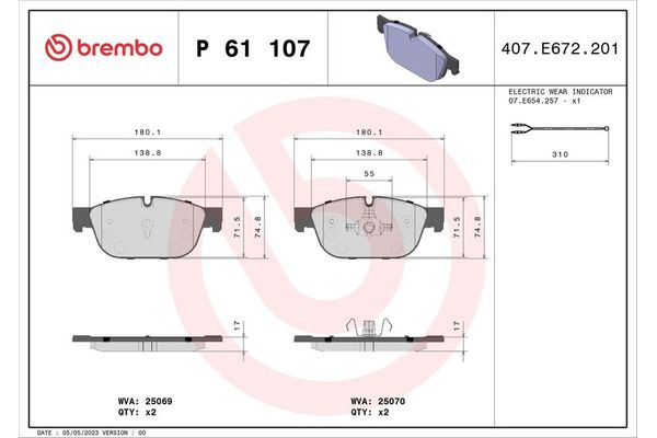 Fren Disk Balata Ön Citroen C5 Tourer (04.2008->)  BREMBO P 61 107