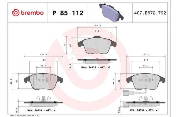 Fren Disk Balata Ön Volkswagen Sharan (7N1)(05.2010->2015)  BREMBO P 85 112