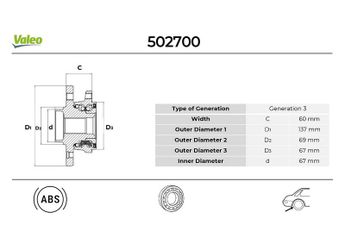 Teker Rulmanı Arka Sağ veya Sol VALEO 502700  MR594142 4543500035 4543500135 A4543500135