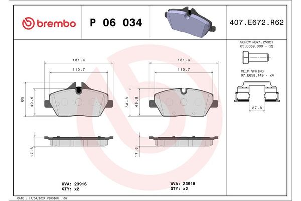 Fren Disk Balata Ön BMW 2 Serisi Active Tourer (F45)(2014->)  BREMBO P 06 034