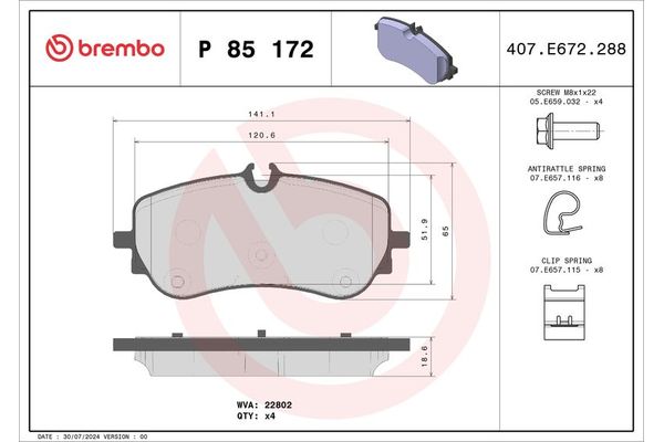 Fren Disk Balata Arka Volkswagen Crafter Grand California (SC)(01.2019->)  BREMBO P 85 172