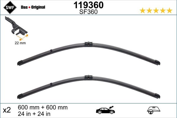 Silecek Süpürgesi Ön Muz Tip 600/600 mm - 24/24 inç Volkswagen T5 Transporter P.Van/Minibüs (7H)(04.2003->2009)  SWF 119360