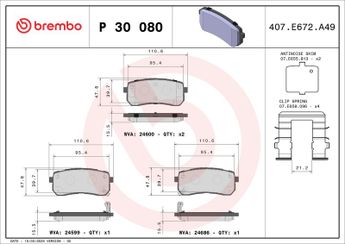 Fren Disk Balata Arka BREMBO P 30 080  583023JA50 S583023JA50 S583024HA50 S58302C5A70 58302C5A70