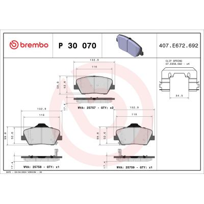 Fren Disk Balata Ön Hyundai Nexo (FL)(2018->)  BREMBO P 30 070