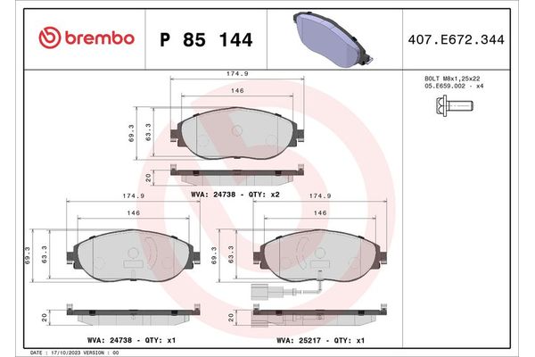 Fren Disk Balata Ön Volkswagen Golf VII Variant (BA5)(04.2013->2017)  BREMBO P 85 144X