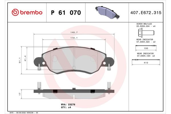Fren Disk Balata Ön Citroen C5 5 Kapı (03.2001->)  BREMBO P 61 070
